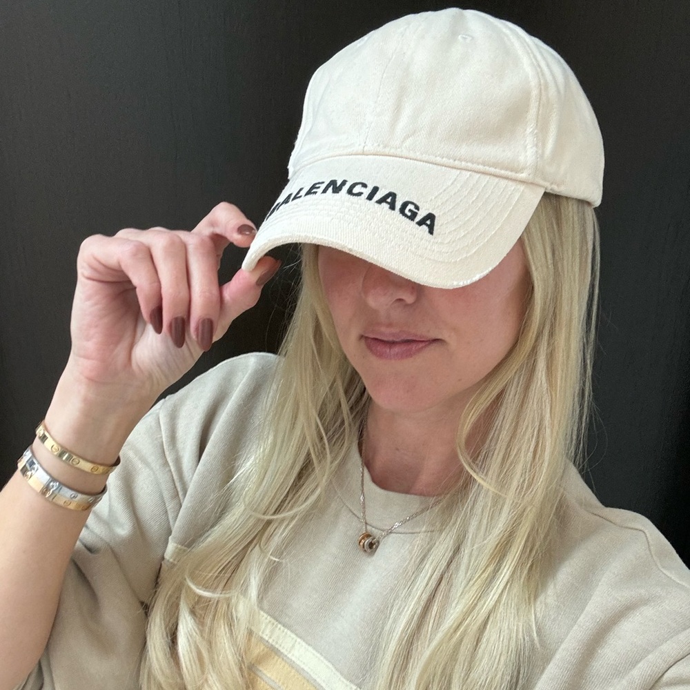 BALENCIAGA Unisex Embroidered Distressed Logo Baseball Cap in Cream, Large